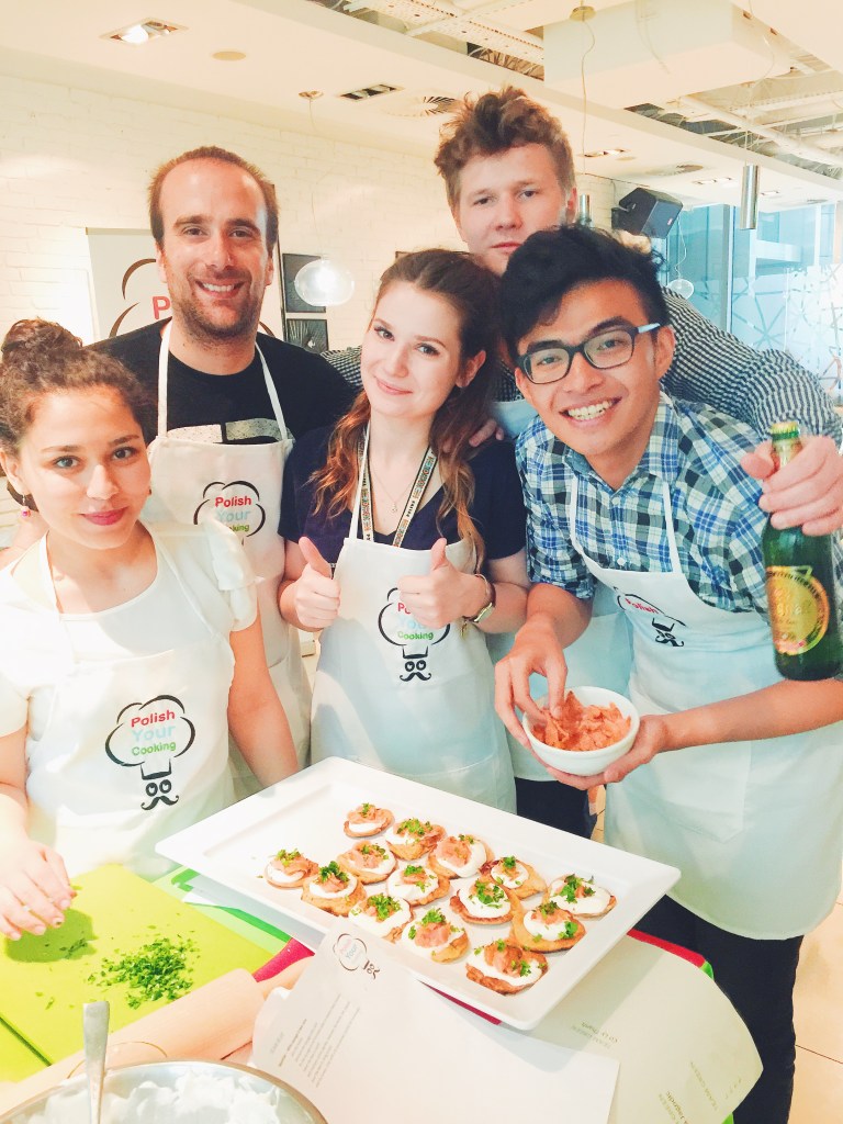 Out team finishing up the "Beer pliny with salmon." You can see those guys are drinking (again.)