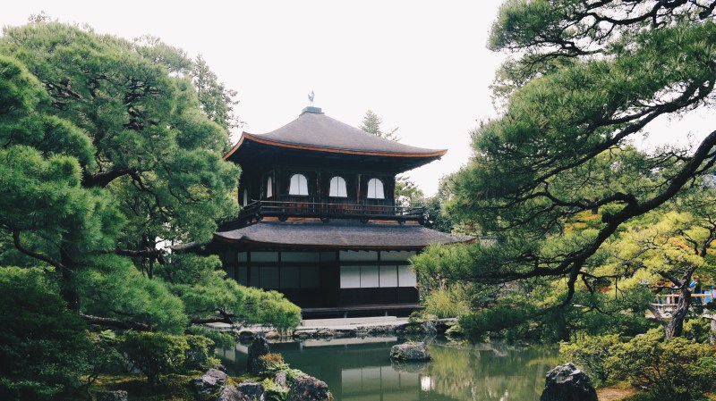 Ginkaku-ji stands out in the moss garden